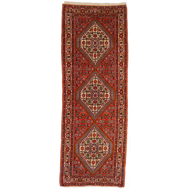 Tekab Bidjar runner rug, 162 × 58 cm, three ivory lozenge medallions on a red Herati field with a broad ivory palmette border — full view