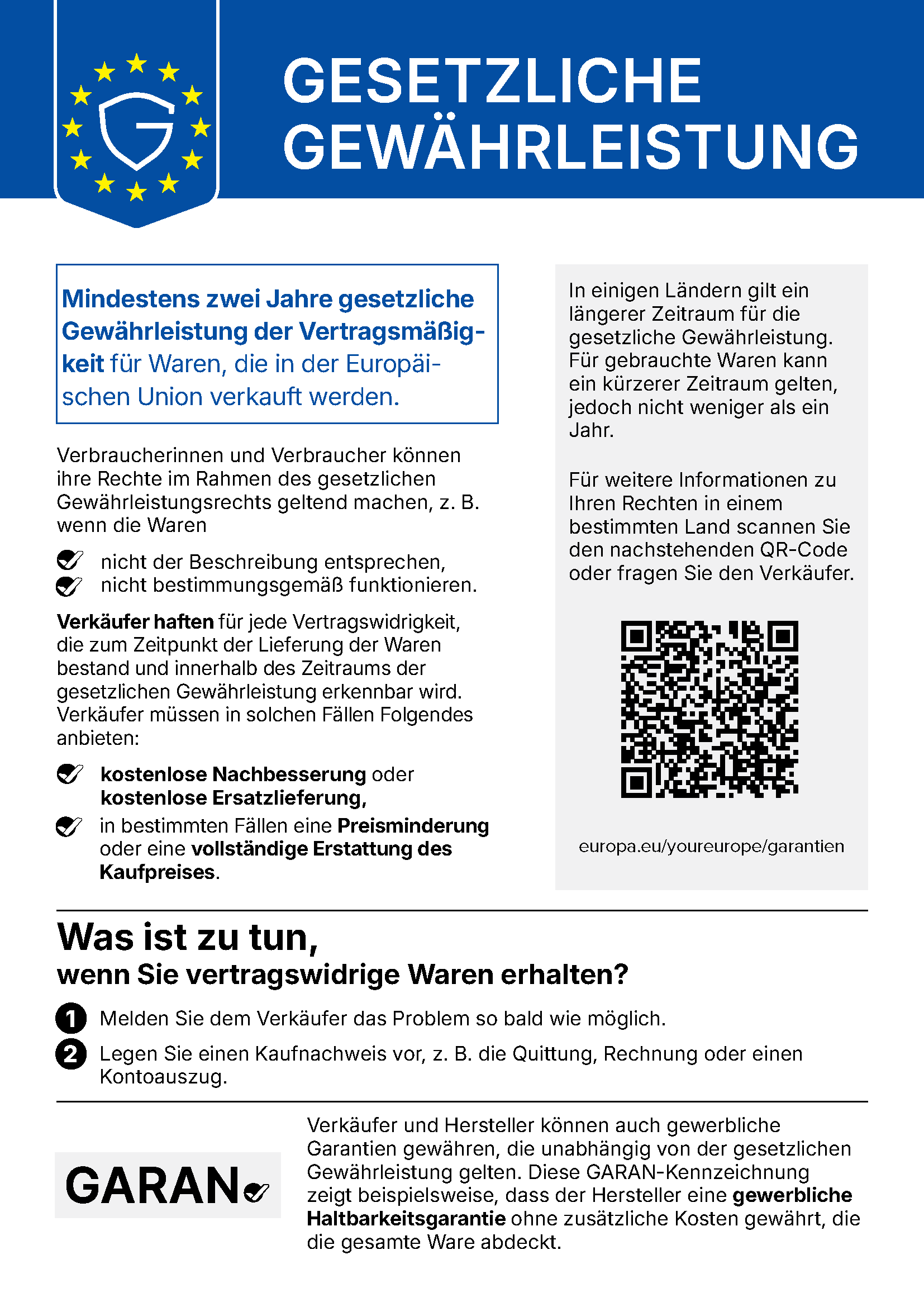 EU-Hinweis zur gesetzlichen Gewährleistung: mindestens zwei Jahre