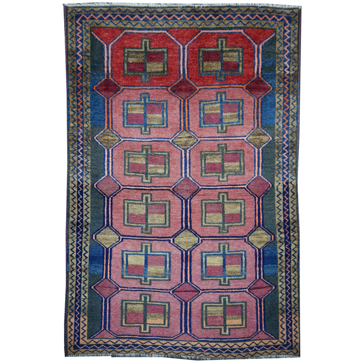 Authentic vintage Persian Luri rug with geometric tribal patterns in brick red and indigo blue, 197 x 132 cm.