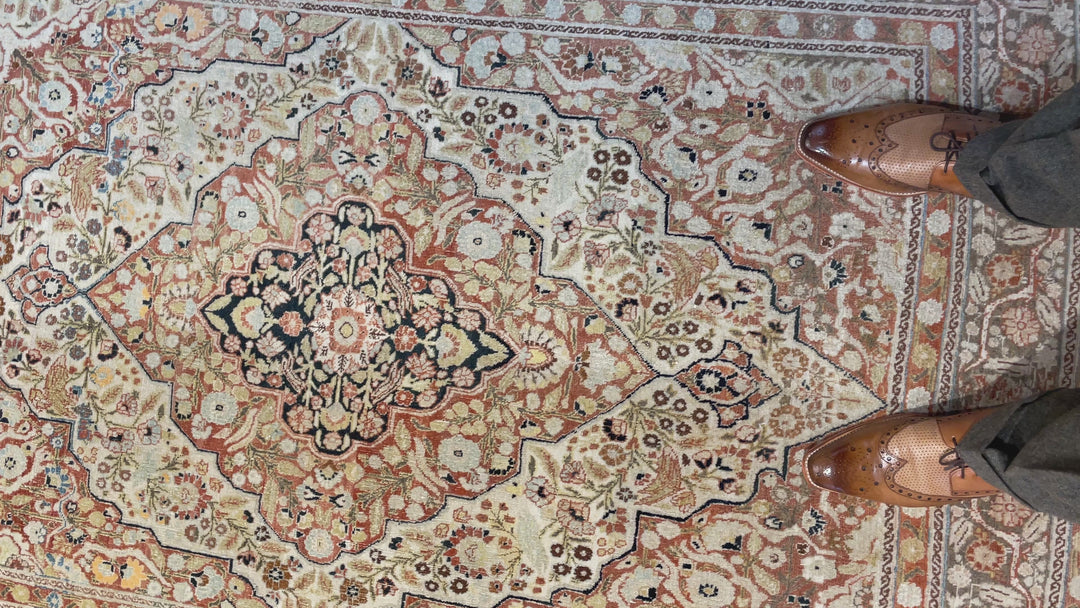 Antique Haji Jalili Tabriz Rug 4.1 × 5.6 ft (172 × 126 cm) Ivory Terracotta | 14845