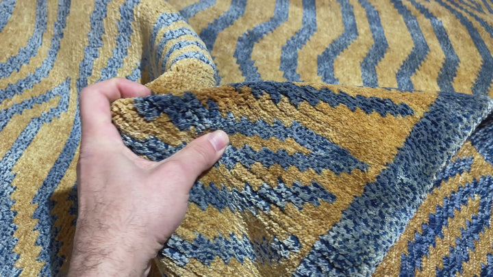 Tibet Tiger Seidenteppich Khaden Tigerstreifen Amber Blau 180 × 90 cm | 16071