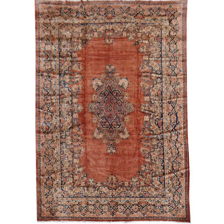 Monumental Mahal Sarouk Oriental rug, 18 x 13 ft, copper and indigo blue floral medallion design, No. 15053. Djoharian Collection Palatial Carpet