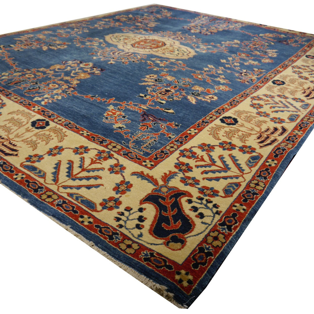 Samsun Collection Vintage Premium Turkish Rug 11 X 9 Ft Hand Knotted
Premium 11x9 ft hand-knotted Samsun Collection Turkish rug in salmon and blue for a large living room, finest vegetable-dyed wool.