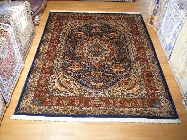 Kashmar Room Size Rug 11 x 8 ft Vintage Persian Vase Carpet Blue Beige Brown