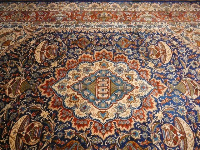 Kashmar Room Size Rug 11 x 8 ft Vintage Persian Vase Carpet Blue Beige Brown