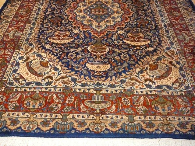 Kashmar Room Size Rug 11 x 8 ft Vintage Persian Vase Carpet Blue Beige Brown