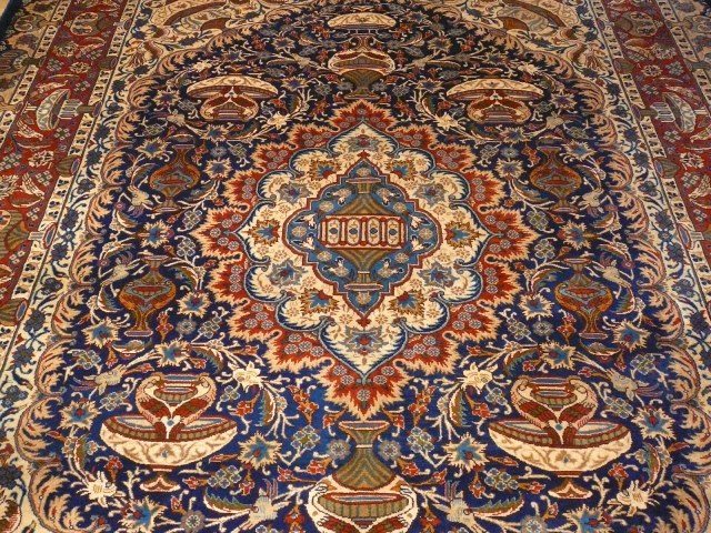 Kashmar Room Size Rug 11 x 8 ft Vintage Persian Vase Carpet Blue Beige Brown