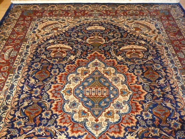 Kashmar Room Size Rug 11 x 8 ft Vintage Persian Vase Carpet Blue Beige Brown