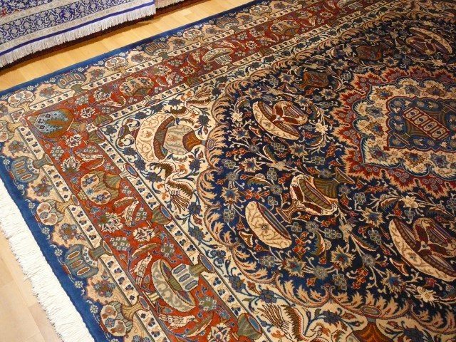 Kashmar Room Size Rug 11 x 8 ft Vintage Persian Vase Carpet Blue Beige Brown