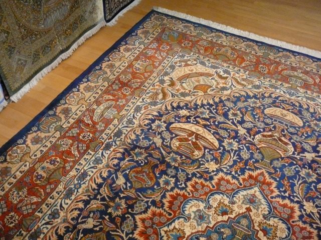 Kashmar Room Size Rug 11 x 8 ft Vintage Persian Vase Carpet Blue Beige Brown