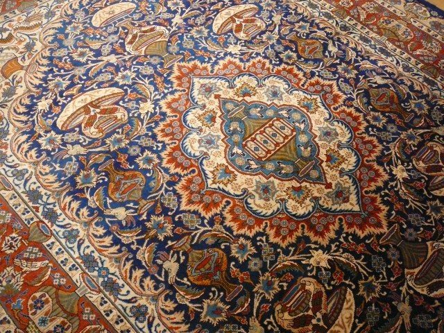 Kashmar Room Size Rug 11 x 8 ft Vintage Persian Vase Carpet Blue Beige Brown
