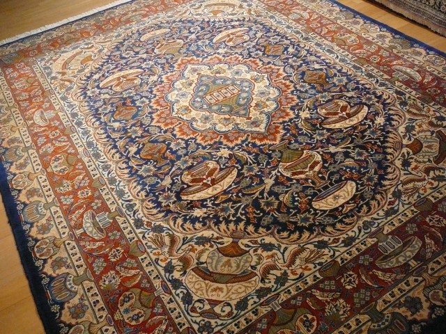 Kashmar Room Size Rug 11 x 8 ft Vintage Persian Vase Carpet Blue Beige Brown