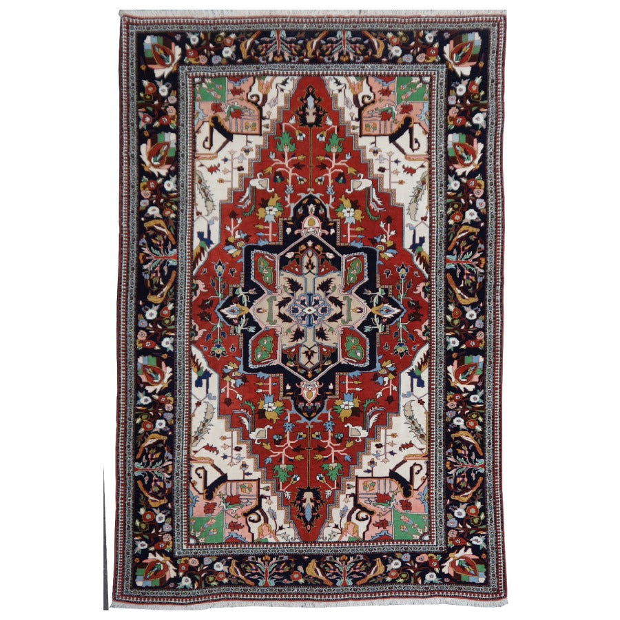 Heriz Serapi Vintage Rug 7x10 ft Brown Black Green Beige Hand-Knotted