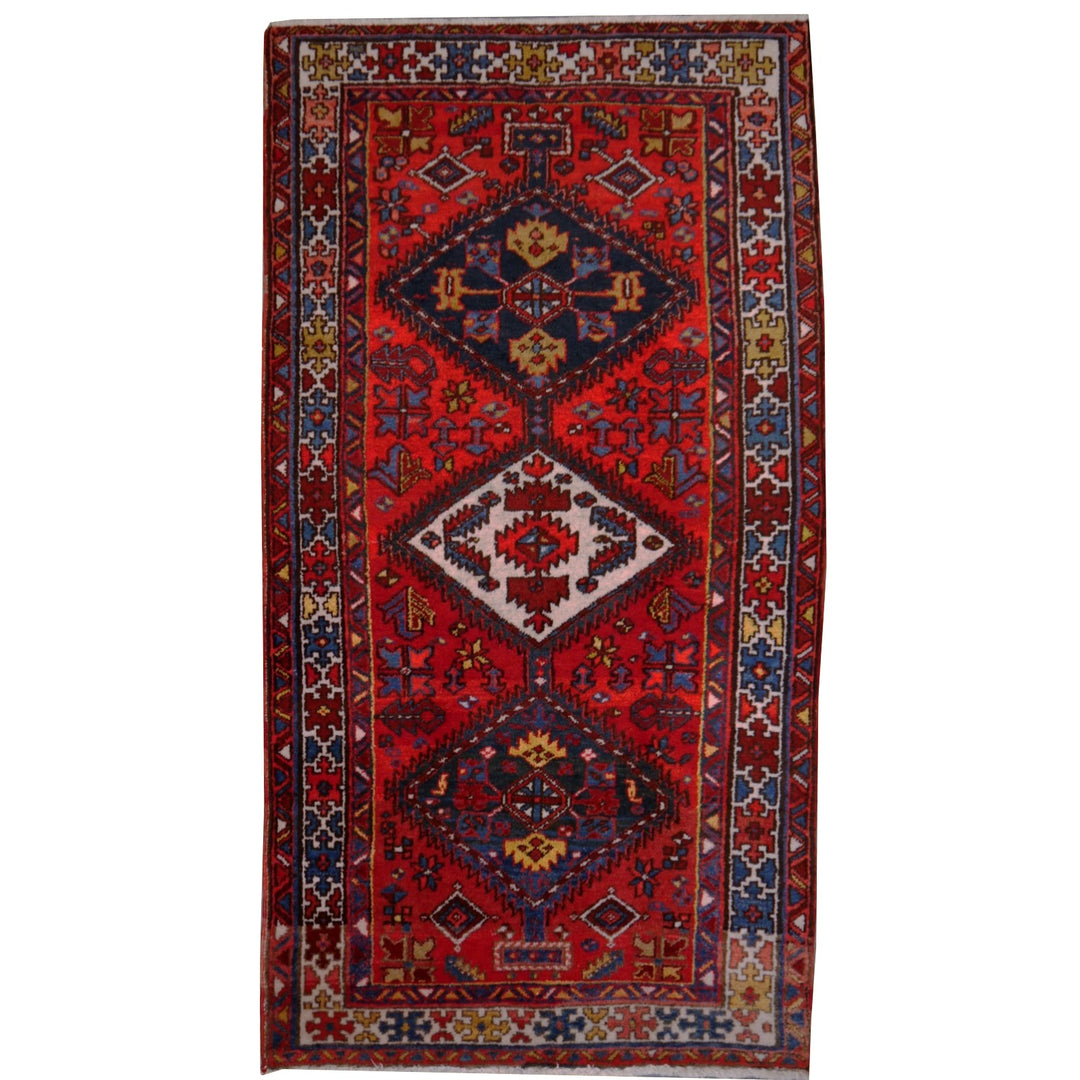 Heriz Vintage Rug 7x4 ft Red Blue Beige Hand-Knotted Wool Azerbaijan