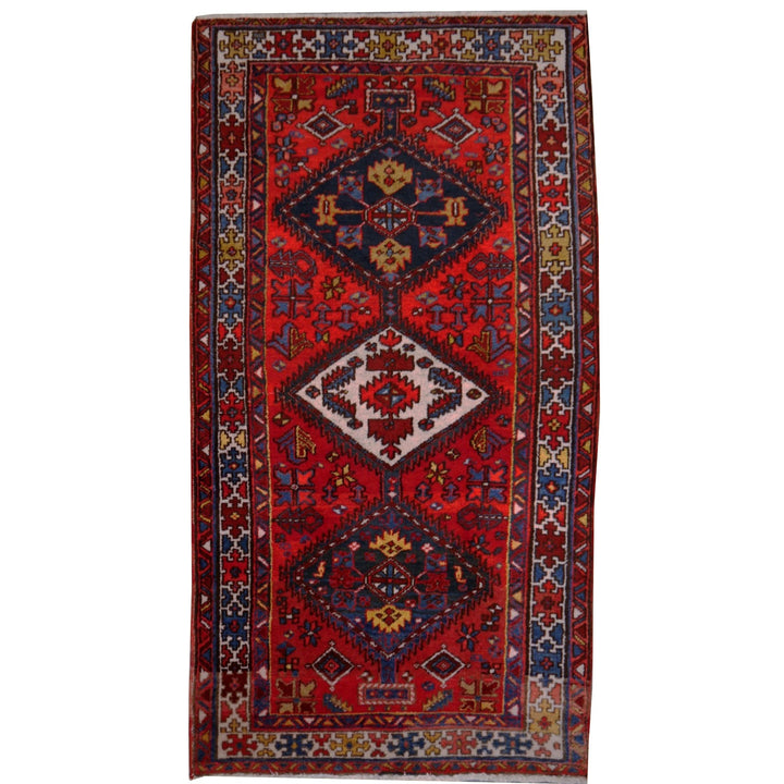 Heriz Vintage Rug 7x4 ft Red Blue Beige Hand-Knotted Wool Azerbaijan