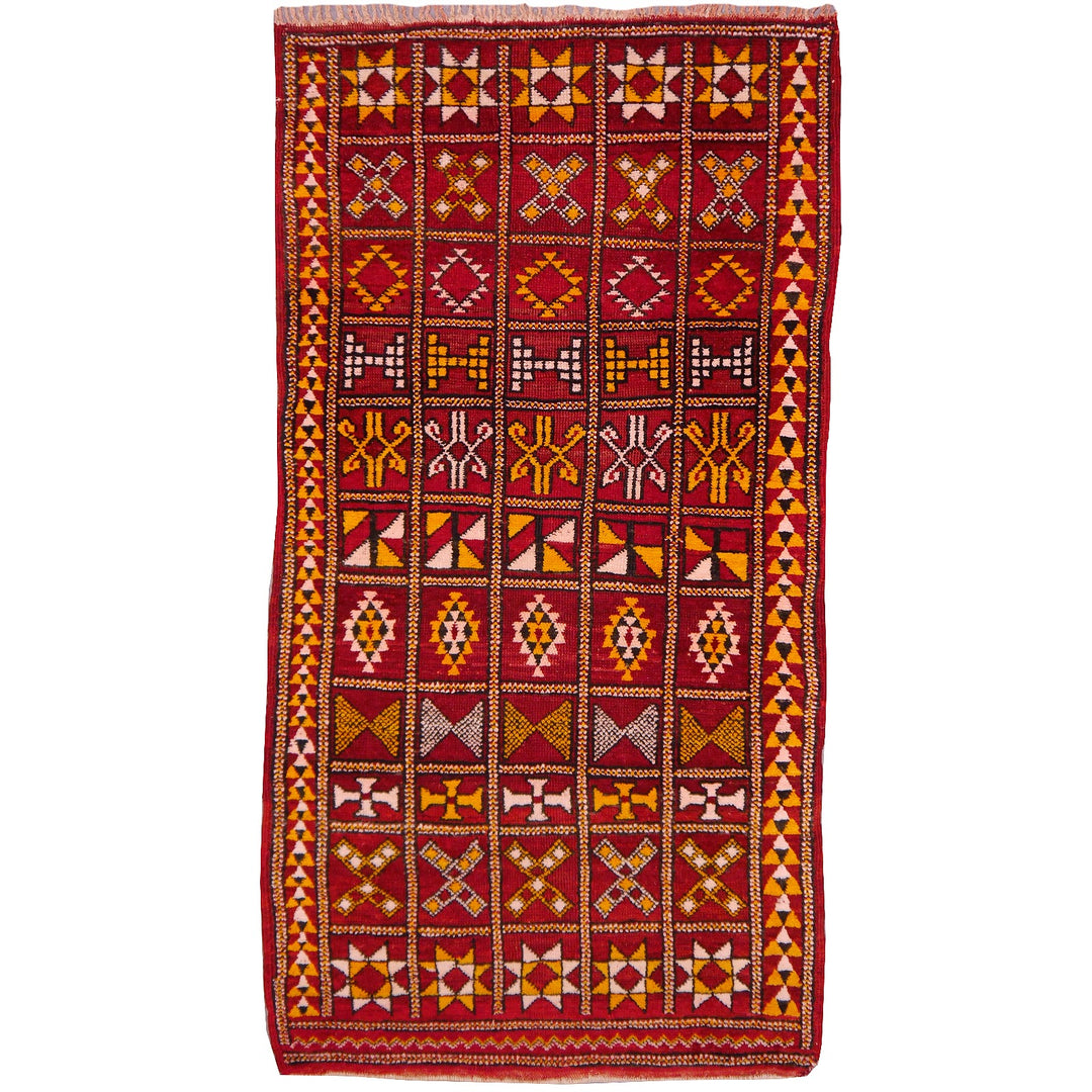 Zemmour Moroccan Vintage Rug 6.6x3.5 ft Red Gold Hand-Knotted Berber