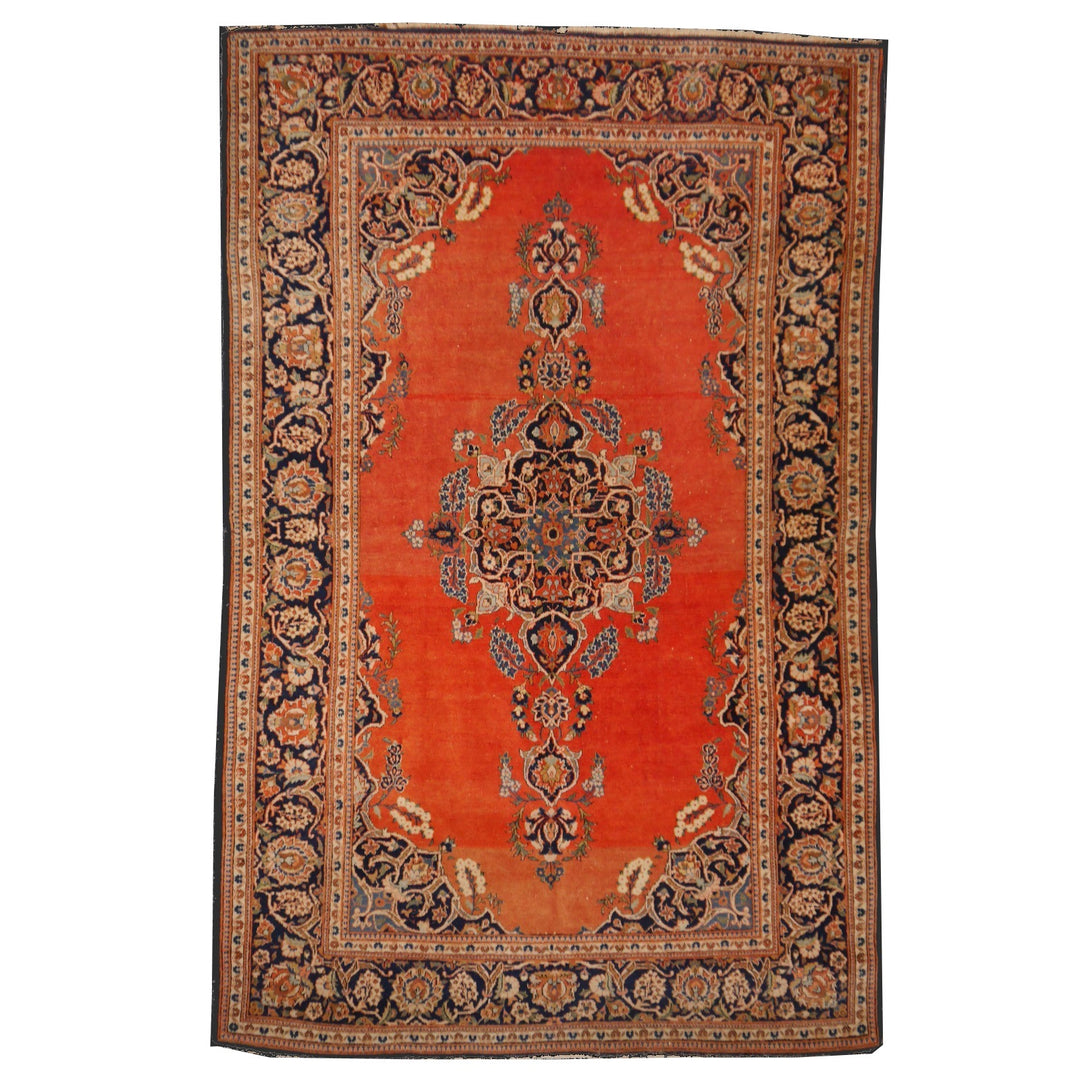 Kashan Antique Persian Rug 7x4.5 ft Salmon Orange Blue Hand-Knotted