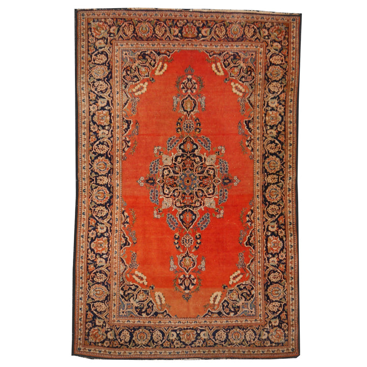 Kashan Antique Persian Rug 7x4.5 ft Salmon Orange Blue Hand-Knotted