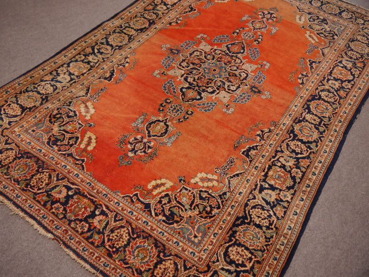 Antiker Kashan Teppich 205×135 cm – Lachs Orange Blau | 14825