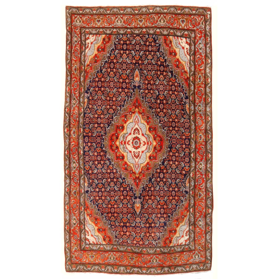 Bidjar Vintage Persian Rug 8.4x5 ft Blue Orange Kurdish Hand-Knotted