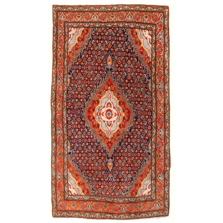 Bidjar Vintage Persian Rug 8.4x5 ft Blue Orange Kurdish Hand-Knotted