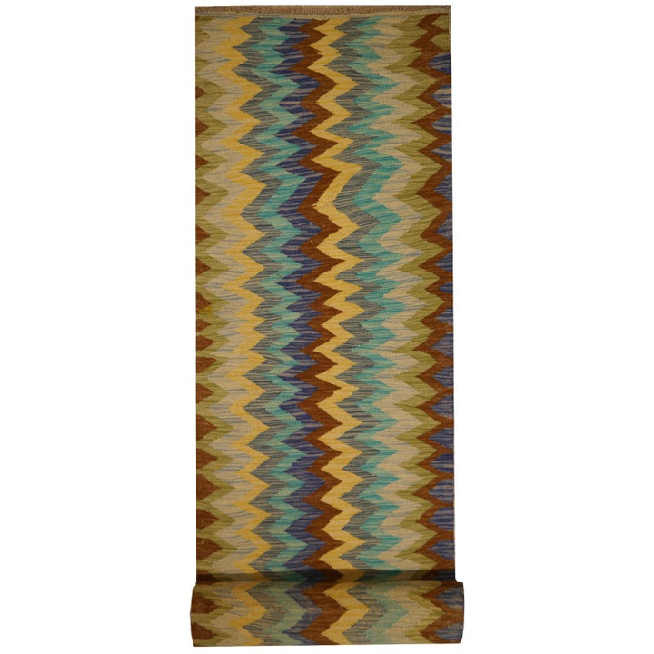 Afghan Kilim Runner 12.3x2.3 ft Hand-Woven Tribal Wool Natural Dyes