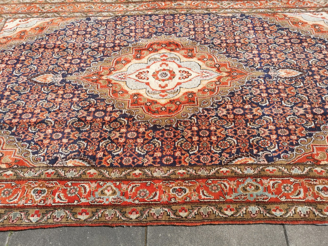 Semi-Antique Mahi Bidjar Rug 4.8 × 8.4 ft (255 × 147 cm) Navy Brick Red Ivory | 15447