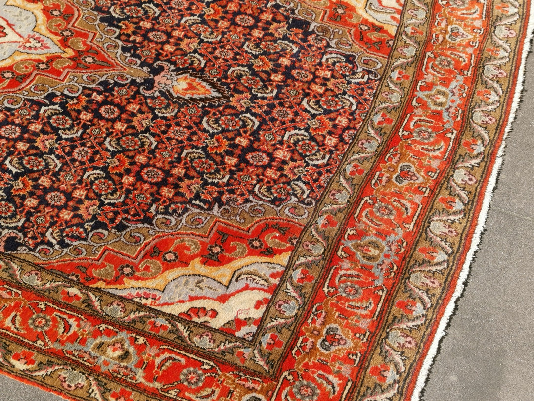 Semi-Antique Mahi Bidjar Rug 4.8 × 8.4 ft (255 × 147 cm) Navy Brick Red Ivory | 15447