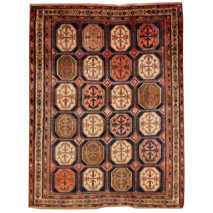 Afshari Vintage Rug 6.5 x 4.6 ft Blue Pink Beige worn to perfection